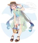  1girl alternate_costume bag bangs blue_eyes blue_hair blue_nails blue_tank_top blush boater_hat character_name cloud colis full_body grey_hair hair_between_eyes hair_ribbon hat holding kantai_collection kiyoshimo_(kantai_collection) long_hair low_twintails multicolored_hair nail_polish open_mouth pocket ribbon sandals see-through short_sleeves shorts simple_background solo standing tank_top toenail_polish twintails twitter_username two-tone_hair white_shorts 