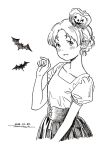  1girl bat blush braid braided_bun cowboy_shot darjeeling_(girls_und_panzer) dated food_themed_hair_ornament girls_und_panzer greyscale hair_bun hair_ornament halloween_costume hand_up high-waist_skirt horikou index_finger_raised jack-o&#039;-lantern looking_at_viewer monochrome puffy_short_sleeves puffy_sleeves pumpkin pumpkin_hair_ornament shirt short_sleeves signature skirt smile solo 