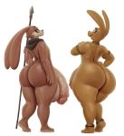  anthro balls big_balls big_butt big_penis butt butt_pose duo genitals girly hi_res holding_object holding_weapon huge_balls huge_butt huge_penis hyper hyper_balls hyper_genitalia hyper_penis lagomorph leporid looking_back male mammal melee_weapon nude patacon penis penis_size_difference polearm pose rabbit simple_background spear weapon white_background 