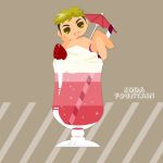  1boy :&gt; blonde_hair chibi chin_rest christophe_giacometti cocktail_umbrella cup drinking_glass drinking_straw english_text facial_hair food fruit green_eyes highres ice_cream ice_cream_float kaorin_minogue male_focus miniboy strawberry yuri!!!_on_ice 