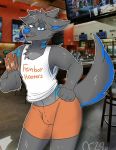  anthro blue_stripes bulge canid canine clothed clothing femboy_hooters fur glitch_(character) grey_body grey_fur hand_on_hip hi_res holding_object male mammal restaurant solo stripes unknown_artist 