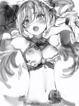  /\/\/\ 1girl bare_shoulders breasts copyright_request flower greyscale hair_between_eyes hands_up highres looking_at_viewer medium_breasts midriff monochrome nanashi_(nlo74593630) navel nipples open_mouth rose solo stomach sweat tears white_background 