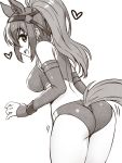  1girl animal_ears ass ass_shake back bare_shoulders breasts bridle buruma chestnut_thoroughbred_(kemono_friends) detached_sleeves extra_ears from_behind greyscale heart high_ponytail horse_ears horse_girl horse_tail impossible_clothes japan_racing_association kemono_friends long_hair looking_at_viewer midriff monochrome open_mouth sidelocks sideways_glance smile solo sports_bra sportswear tail tail_through_clothes totokichi 