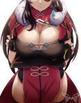  1girl arms_under_breasts beidou_(genshin_impact) black_gloves breasts brown_hair china_dress chinese_clothes cleavage crossed_arms dress eyepatch fingerless_gloves genshin_impact gloves head_out_of_frame highres large_breasts one_eye_covered red_eyepatch remchi301 smile thighhighs thighs white_background 