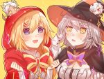  2girls :d ahoge bangs black_bow black_cape black_headwear blonde_hair blue_eyes blush bow braid braided_ponytail breasts cape cleavage eyebrows_visible_through_hair fate/grand_order fate_(series) hair_between_eyes hair_bow hair_ornament hair_over_shoulder hairclip halloween halloween_costume hand_in_hair hat heart hood hood_up hooded jeanne_d&#039;arc_(alter)_(fate) jeanne_d&#039;arc_(fate) jeanne_d&#039;arc_(fate)_(all) long_hair long_sleeves medium_breasts multiple_girls open_mouth ponytail purple_bow red_cape shirt short_hair silver_hair simple_background smile twitter_username upper_body very_long_hair white_shirt witch witch_hat yellow_background yellow_eyes yukari_(bryleluansing) 