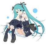  1girl aqua_eyes aqua_hair bare_shoulders black_dress black_legwear black_sleeves commentary detached_sleeves dress frilled_legwear frilled_sleeves frills hair_ribbon hatsune_miku headphones high_heels knees_up lace lace-trimmed_dress long_hair looking_at_viewer mary_janes ribbon shoes shoulder_tattoo sitting sleeveless sleeveless_dress smile solo soukun_s suspenders tattoo thighhighs twintails very_long_hair vocaloid vocaloid_(lat-type_ver) white_background 