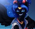  blue_eyes blue_eyeshadow blue_hair choker clothing equid equine ethereal_hair eyeshadow female friendship_is_magic hair hasbro horn jewelry looking_at_viewer makeup mammal meme my_little_pony necklace nightmare_moon_(mlp) pupils pyroxtra sailor_moon_(character) sailor_moon_(series) sailor_moon_redraw_challenge sailor_uniform sharp_teeth slit_pupils smile solo sparkles teeth text url winged_unicorn wings 