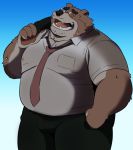  00murice 2020 anthro belly bodily_fluids bottomwear brown_body brown_fur clothing fur kemono male mammal necktie overweight overweight_anthro overweight_male pants shirt simple_background solo sweat topwear ursid 