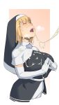  1girl blonde_hair blush breasts closed_eyes cum cum_on_body cum_on_upper_body cum_string dyun elbow_gloves en&#039;en_no_shouboutai facial gloves hands_together highres iris_(en&#039;en_no_shouboutai) large_breasts nun open_mouth short_hair white_gloves 