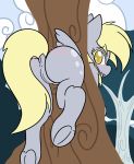  anus blonde_hair blush butt butt_blush cutie_mark derpy_hooves_(mlp) digital_media_(artwork) equid equine feathered_wings feathers female feral friendship_is_magic fur genitals grey_body grey_feathers hair hasbro hi_res horse larrykitty looking_at_viewer mammal my_little_pony nude open_mouth pegasus pony pussy solo through_wall wings yellow_eyes 