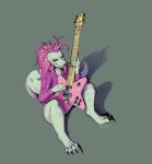  anthro black_claws bottomless claws clothed clothing eyelashes female flat_chested grey_background guitar hair hi_res jacket latchk3y leather leather_jacket looking_at_viewer musical_instrument pink_hair pink_jacket plucked_string_instrument red_eyes reptile rhizza_(la_ninya) scales scalie shadow simple_background sitting smile solo string_instrument tongue tongue_out topwear white_body 
