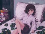  1girl black_shorts brown_hair candy cigarette_pack collared_shirt commentary daruma_karei english_commentary food halo highres long_sleeves looking_at_viewer on_bed original parted_lips pillow reclining red_eyes shirt short_hair shorts solo tissue_box white_shirt 