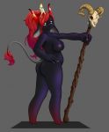  bone bovid breasts butt candle caprine curled_horns dark_skin female fire goat goat_skull hair hi_res horizontal_pupils horn humanoid leather_boots long_ears long_hair looking_at_viewer mammal nipples overweight pupils purple_body purple_skin red_hair simple_background skull solo staff tail_tuft tuft white_eyes wooden_staff xquid 