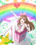  1girl absurdres boots box brown_hair chabo0522 green_eyes highres kizuna_ai kizuna_ai_inc. long_hair thigh_boots thighhighs 