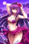  1girl :d armpits arms_up bangle bangs bare_arms bare_shoulders bikini bracelet breasts cloud collarbone commentary cowboy_shot eyebrows_visible_through_hair fate/grand_order fate_(series) flower glint hair_between_eyes hair_flower hair_ornament highres jewelry long_hair looking_at_viewer medium_breasts navel open_mouth outdoors pink_flower purple_bikini purple_eyes purple_hair purple_sky re_(re_09) sarong scathach_(fate)_(all) scathach_(fate/grand_order) smile solo standing stomach swimsuit thighs very_long_hair 