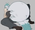 2020 absurd_res annoyed anthro belly belly_focus big_belly blue_body blue_fur boots bottomwear brand_new_animal bwormp canid canine canis claws clothing coat footwear fur green_eyes hand_on_stomach hi_res male mammal navel overweight overweight_anthro overweight_male pants shirou_ogami solo studio_trigger topwear trenchcoat vore white_body white_fur wolf 