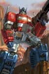  alex_milne autobot blue_eyes clenched_hand collaboration english_commentary espen_grundetjern glowing glowing_eyes gun holding holding_gun holding_weapon insignia looking_up mecha no_humans optimus_prime solo transformers weapon 