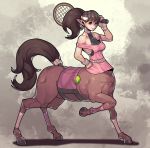  2019 absurd_res ball breasts brown_body brown_fur brown_hair celebrated_earl centaur equid equid_taur female fur hair hi_res hooves humanoid_pointy_ears mammal mammal_taur ponytail solo tail_wraps taur tennis_ball tennis_racket wraps 