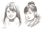  2girls closed_mouth cosplay dated fukuhara_haruka_(voice_actress) greyscale hair_bun highres horikou kagamihara_nadeshiko kagamihara_nadeshiko_(cosplay) long_hair looking_at_viewer monochrome multiple_girls ouhara_yuuno portrait realistic scarf seiyuu_connection shima_rin shima_rin_(cosplay) signature simple_background smile white_background yuno yurucamp 