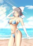  absurdres beach bikini blue_eyes breasts cloud full_body gloves grey_hair hair_ribbon highres large_breasts looking_at_viewer one_eye_closed polka_dot polka_dot_bikini ribbon senran_kagura short_hair smile sunlight swimsuit yumi_(senran_kagura) 