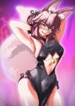  1girl absurdres animal_ear_fluff animal_ears armpits arms_behind_head arms_up bangs bare_shoulders bell blush breasts center_opening china_dress chinese_clothes double_bun dress fate/grand_order fate_(series) fox_ears fox_girl fox_tail glasses hair_between_eyes highres jingle_bell koyanskaya large_breasts licking_lips long_hair looking_at_viewer pelvic_curtain pink_hair shibao_aoyama side_slit sidelocks sleeveless sleeveless_dress smile tail thighs tongue tongue_out white-framed_eyewear yellow_eyes 
