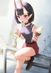  1girl :o alternate_costume bare_shoulders black_footwear black_hair bob_cut bracelet breasts casual choker commentary_request contemporary earrings fate/grand_order fate_(series) highres horns ice_cream_cone jewelry knee_up leaning_forward looking_at_viewer no_socks oni_horns open_mouth otsukemono purple_eyes red_skirt shoes short_hair shuten_douji_(fate/grand_order) sitting sitting_on_railing skin-covered_horns skirt small_breasts solo thick_eyebrows 