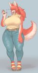  absurd_res anthro belt big_breasts bottomwear breasts canid canine canis clothing domestic_dog eyes_covered female footwear gesture hair_over_eyes hi_res high_heels japanese_text jeans kemono mammal open_mouth pants pinup pose shirt shoes solo sususuigi text tongue topwear turtleneck waving 
