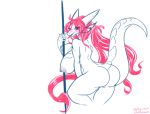  anthro anthrofied blush breasts butt dragon fan_character fangs female hair hi_res horn nipple_piercing nipples open_mouth open_smile piercing pink_eyes pink_hair simple_background smile solo tongue vipery-07 white_background 