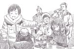  3boys 4girls alcohol beanie bottle brown_theme character_request closed_eyes coat dated dog_tags drinking drunk from_behind glasses hat horikou long_sleeves military military_jacket military_uniform monochrome multiple_boys multiple_girls peaked_cap real_life shima_rin short_hair signature smile soldier soviet soviet_union sweatdrop uniform yurucamp 