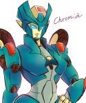  1girl akycoo autobot blue_eyes character_name chromia hand_on_hip looking_to_the_side looking_up no_humans solo transformers white_background 