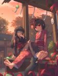  2girls absurdres barefoot bench black_hair black_kimono blindfold cat character_request chinese_commentary cloud commentary_request dusk feet floral_print flower full_body hand_to_own_mouth hibana_(vocaloid) highres japanese_clothes kafei_ji kimono long_hair mask mask_on_head multiple_girls noh_mask obi oni_mask outdoors red_eyes red_kimono sash short_hair siblings sisters sitting sky smile soles spider_lily toes 