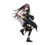  1girl alternate_costume bangs black_choker black_footwear black_hair black_pants blush boots brown_eyes brown_hair choker collarbone damaged from_side full_body girls_frontline gun hair_between_eyes handgun holding holding_gun holding_weapon infukun jacket long_hair long_sleeves looking_at_viewer nz_75 nz_75_(girls_frontline) official_art open_mouth pants pistol red_hair shirt short_sleeves solo standing torn_clothes torn_pants torn_shirt transparent_background very_long_hair weapon white_shirt 