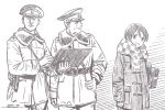  1girl 2boys bag brown_theme character_request closed_mouth coat dated hat horikou military military_jacket military_uniform monochrome multiple_boys parted_lips peaked_cap real_life scarf shoulder_bag signature smile soldier soviet soviet_union uniform yurucamp 