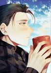  1boy absurdres albino_(a1b1n0623) alternate_costume bangs black_hair black_suit blush cloud cloudy_sky cup fate/grand_order fate_(series) from_side green_eyes hair_slicked_back highres holding holding_cup huge_filesize long_sleeves looking_to_the_side male_focus mug open_mouth parted_bangs sherlock_holmes_(fate/grand_order) shiny shiny_hair sky solo steam upper_body 