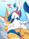  3:4 absurd_res anthro balls bed bodily_fluids cowgirl_position duo eeveelution fan_character female female_penetrated furniture genitals glaceon hi_res male male/female male_penetrating male_penetrating_female nikkibunn nintendo on_top paws penetration pok&eacute;mon pok&eacute;mon_(species) sex vaporeon video_games 