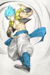  1boy abs bara blue_eyes blue_hair chest clothes_lift dragon_ball dragon_ball_super dragon_ball_super_broly fighting_stance fingernails frown full_body glowing glowing_hair gogeta grin highres looking_at_viewer looking_away male_focus metamoran_vest nipples no_pupils open_mouth outstretched_arms pants shirtless shoes short_hair simple_background smile spiked_hair super_saiyan super_saiyan_blue waistcoat white_background white_pants wristband yunar 