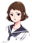  1girl blue_neckwear blue_sailor_collar brown_hair copyright_request dated horikou hyouka ibara_mayaka looking_at_viewer neckerchief open_mouth purple_eyes sailor_collar shirt short_hair signature simple_background solo upper_body white_background white_shirt 