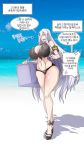 1girl absurdres alchemist_(girls_frontline) ankle_ribbon armband beach bikini breasts cameltoe cleavage cooler covered_nipples curvy girls_frontline hair_over_one_eye high_heels highres huge_breasts long_hair ocean ribbon sangvis_ferri sidelocks skindentation solo swimsuit thick_thighs thighs very_long_hair white_hair yellow_eyes zergling_(cdror1004) 