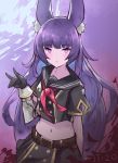  1girl \n/ animal_ear_fluff animal_ears belt black_gloves black_shirt black_skirt buttons closed_mouth commentary crop_top double-breasted dragalia_lost fox_ears gloves gold_trim hand_up highres linnea_(dragalia_lost) long_hair looking_at_viewer midriff miniskirt navel neckerchief punished_pigeon purple_eyes purple_hair sailor_collar school_uniform serafuku shirt short_sleeves skirt solo stomach upper_body vambraces 