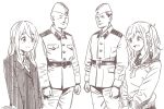  2boys 2girls :d belt brown_theme closed_eyes closed_mouth crossover dated eye_contact horikou inuyama_aoi jacket k-on! kotobuki_tsumugi long_sleeves looking_at_another military military_jacket military_uniform monochrome multiple_boys multiple_girls one_side_up open_mouth real_life school_uniform serafuku signature simple_background smile soldier soviet_union sweater thick_eyebrows uniform white_background yurucamp 