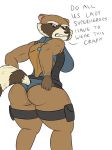  anthro big_breasts breasts brown_body brown_fur butt clothed clothing crossgender dialogue digital_media_(artwork) female fur guardians_of_the_galaxy mammal marvel muscular muscular_female oystercatcher7 procyonid raccoon rocket_raccoon simple_background solo text thick_thighs 