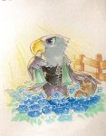  2020 accipitrid accipitriform animal_crossing anthro apollo_(animal_crossing) avian beak bird blue_eyes blue_flower day eagle feathers fence flower full-length_portrait grey_body grey_feathers male nintendo outside plant portrait rose_(flower) solo sparkles standing tamanosuke towel traditional_media_(artwork) video_games watering_can white_face yellow_beak zipper 