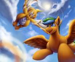  cloud cutie_mark dragon duo equid equine feral flying hasbro horn mammal my_little_pony outside pegasus race riding skies sky vittorionobile wings 