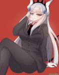  1girl bangs blunt_bangs breasts cosplay crossed_legs crossover demon_girl demon_horns demon_tail formal girls_frontline green_eyes helltaker highres hk416_(girls_frontline) horns large_breasts long_hair lucifer_(helltaker) lucifer_(helltaker)_(cosplay) sidelocks sitting solo stukov suit tail tiara very_long_hair white_hair 