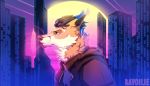  2020 anthro black_nose canid canine city clothed clothing day detailed_background digital_media_(artwork) english_text fox fur headshot_portrait hi_res male mammal orange_body orange_fur outside portrait ravoilie solo text 