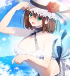  1girl alternate_costume beach black_swimsuit braid breasts brown_hair charlotte_corday_(fate/grand_order) choker cleavage cloud collarbone commentary_request criss-cross_halter day fate/grand_order fate_(series) flower green_eyes hair_between_eyes halterneck hat large_breasts meiji_ken navel ocean open_mouth red_flower sarong short_hair signature single_braid sky solo sun_hat swimsuit twitter_username water water_drop 