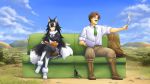  1boy 1girl ;) animal_ears black_hair black_legwear blue_eyes blush boots breasts brown_eyes brown_hair commentary_request crossed_legs eyebrows_visible_through_hair facial_hair fur_collar gloves grey_wolf_(kemono_friends) hat highres kemono_friends large_breasts long_hair looking_at_another looking_to_the_side multicolored_hair mustache naka_(nicovideo14185763) necktie one_eye_closed outdoors sitting smile tail two-tone_hair white_gloves white_hair white_legwear wolf_ears wolf_girl wolf_tail 