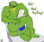  2018 abs amphibian anthro big_muscles black_eyes blue_clothing blue_underwear bobthetanuki bulge butt clothed clothing dialogue english_text frog genital_outline green_body green_skin hi_res jockstrap kermit_the_frog male muppets muscular muscular_anthro muscular_male open_mouth pecs penis_outline simple_background smile text topless underwear underwear_only white_background 