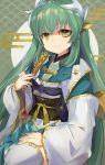  1girl absurdres blush breasts dragon_girl dragon_horns fan fate/grand_order fate_(series) folding_fan green_hair hair_ornament highres holding holding_fan horns japanese_clothes kimono kiyohime_(fate/grand_order) long_hair looking_at_viewer multiple_horns open_mouth same_(sendai623) sash sitting yellow_eyes 