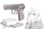  1girl brown_theme bullet character_request coat cyrillic dated daydream gun handgun horikou kagamihara_nadeshiko long_hair long_sleeves makarov_pm monochrome parted_lips pistol real_life russian_text scarf signature simple_background solo soviet soviet_union translation_request weapon weapon_request white_background yurucamp 
